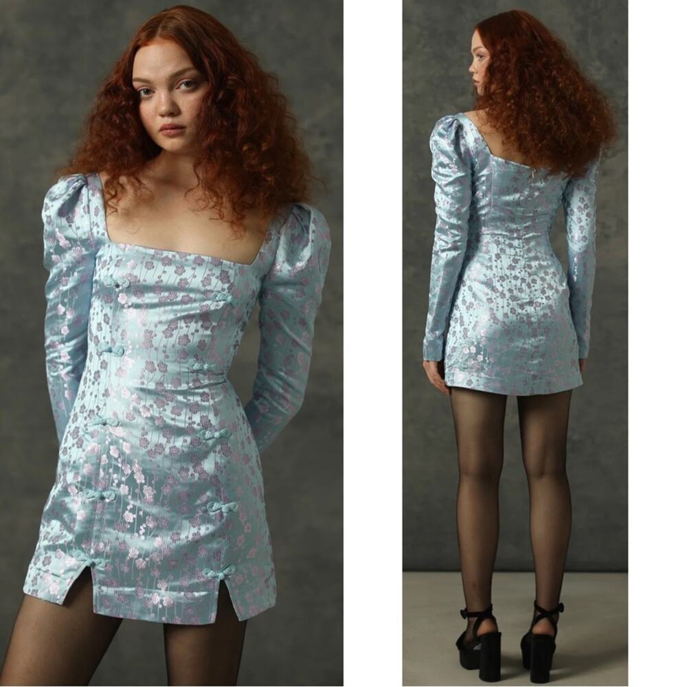 SAU LEE Jen Chinese Jacquard Floral Long Sleeve Mini Dress in Blue Size 12 - Picture 2 of 15